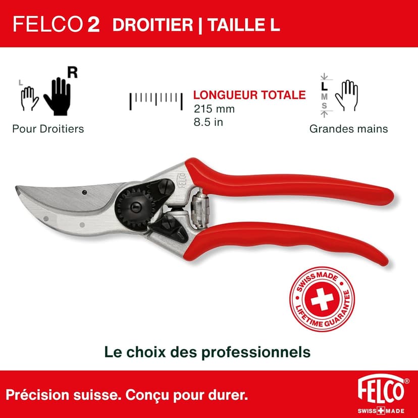 Sécateur professionnel Felco 2 — vue de face, poignées aluminium forgé